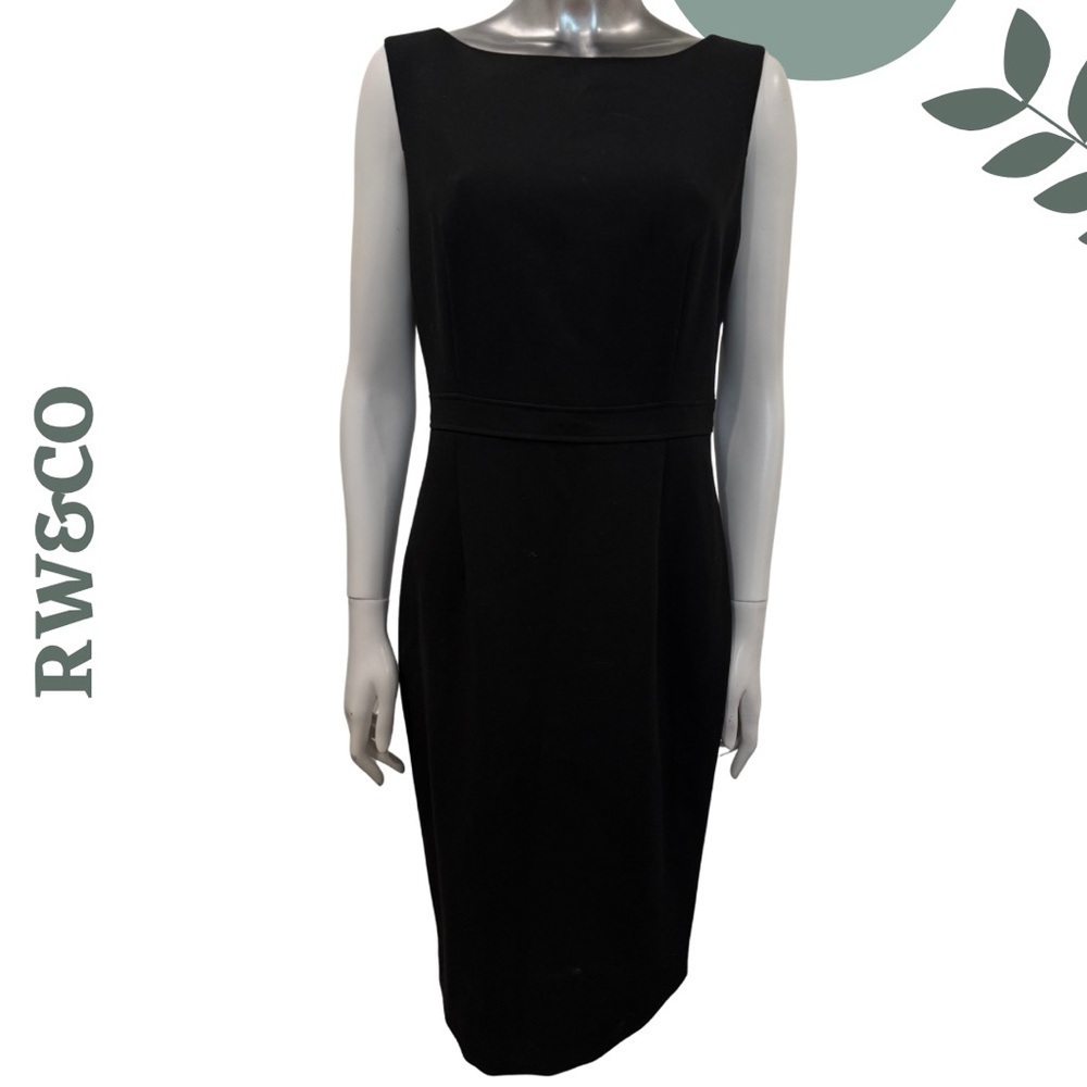 🛍️ RW&CO Black Sheath Dress – V-Back, Stretch Lined, Waist Detail – Size 8
